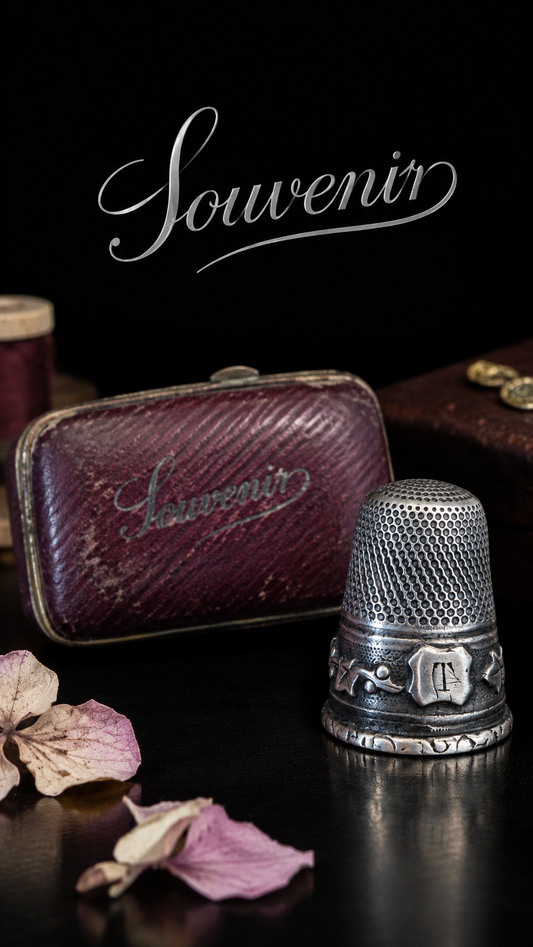 Antico ditale in argento francese 1900 con bella decorazione di vischio e monogramma T in custodia d’epoca