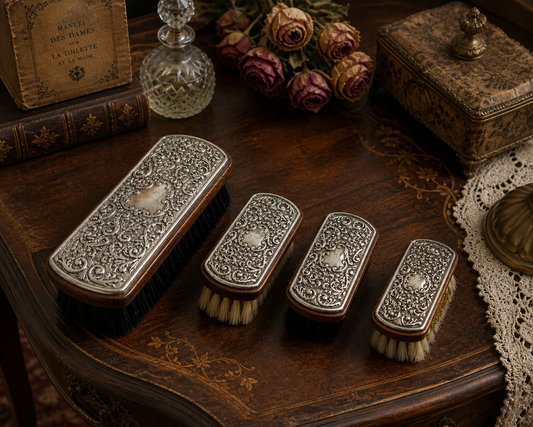 Set N.4 spazzole vintage in legno con lamina argentata, da viaggio, anni ‘50 ca