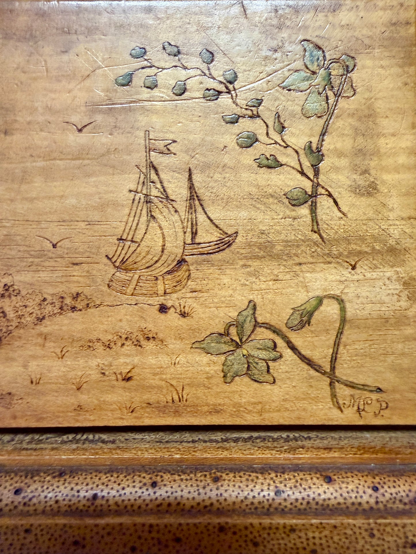 Antico porta lettere da scrittoio richiudibile, Liberty, monogramma M R