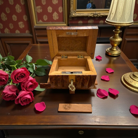 Scatola vintage ad apertura segreta in quattro passaggi, scomparto nascosto per la chiave