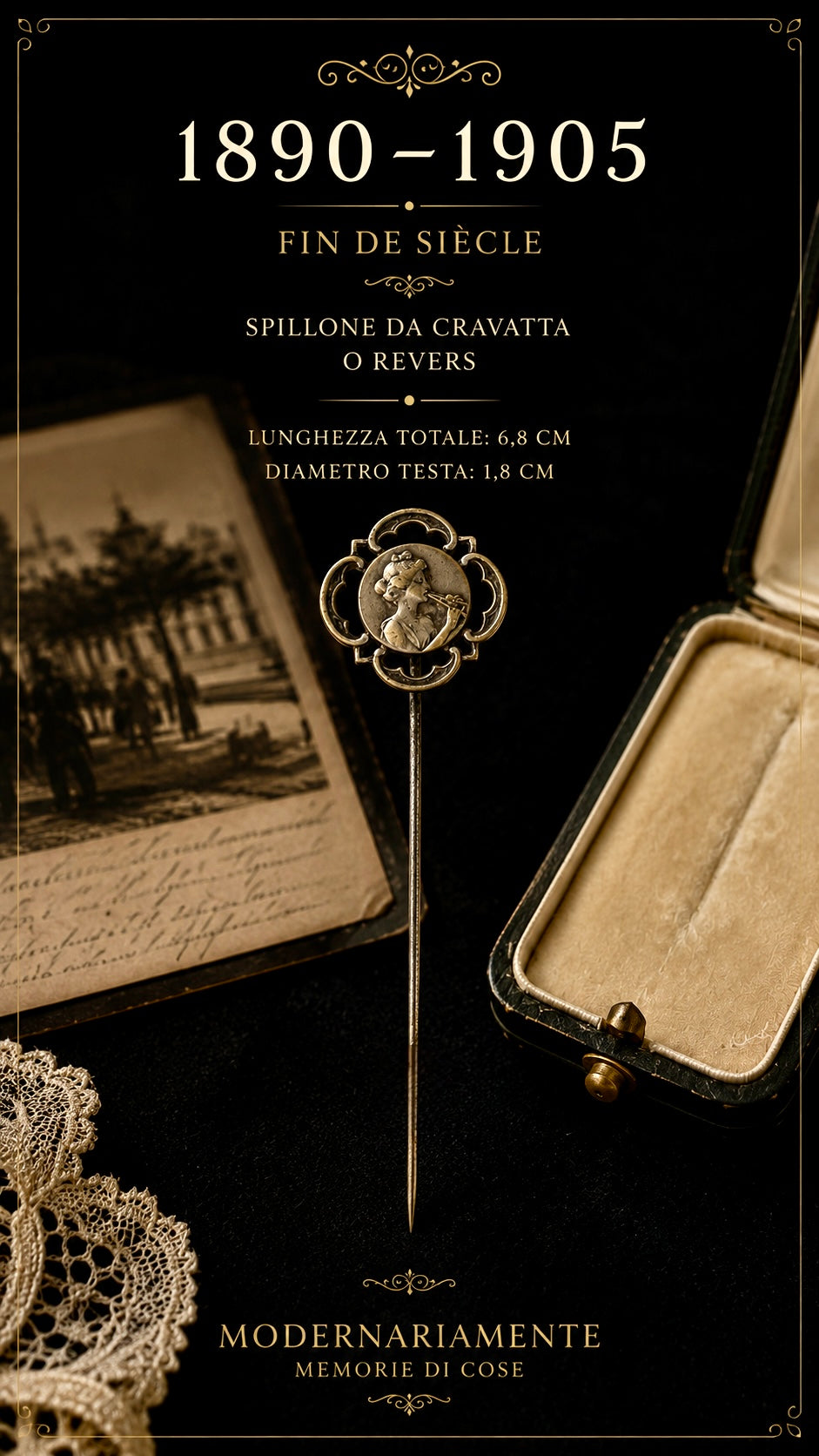 Antico spillone da cravatta o revers fine ‘800 con allegoria della musica e scrigno coevo