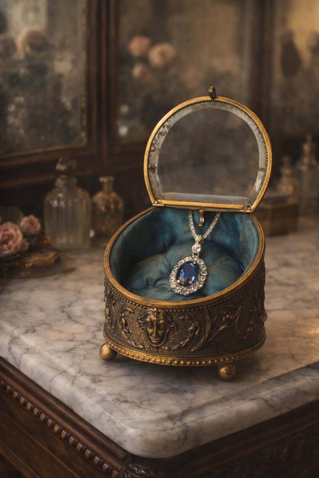 Cofanetto decorato con vetro bisellato e seta capitonné porta gioiello, fine ‘800 primo ‘900