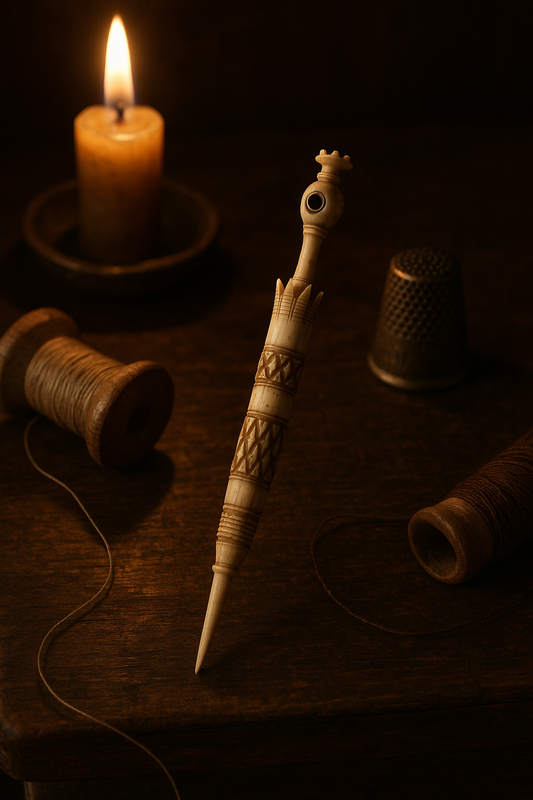 Porta aghi con punteruolo, strumento vittoriano da cucito in osso inciso, da châtelaine