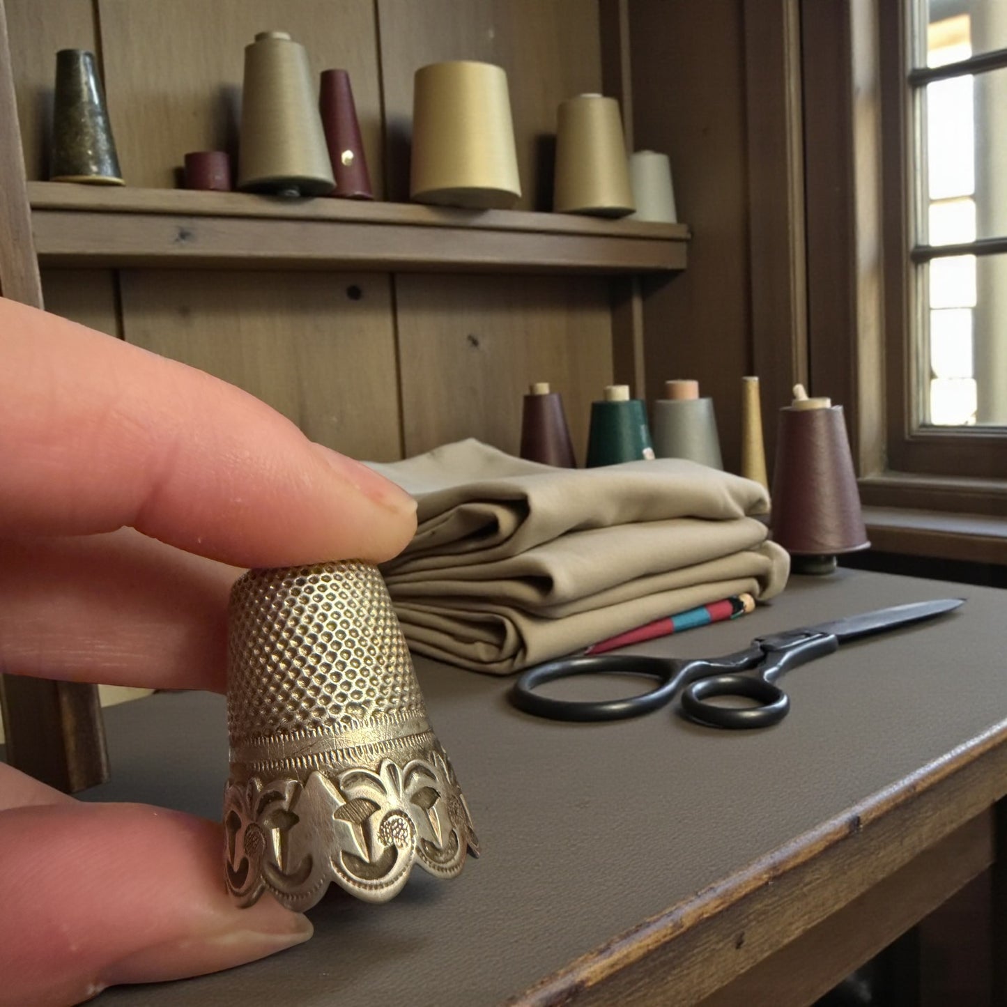 Prezioso ditale in argento antico completo di custodia, Francia, fine ‘800