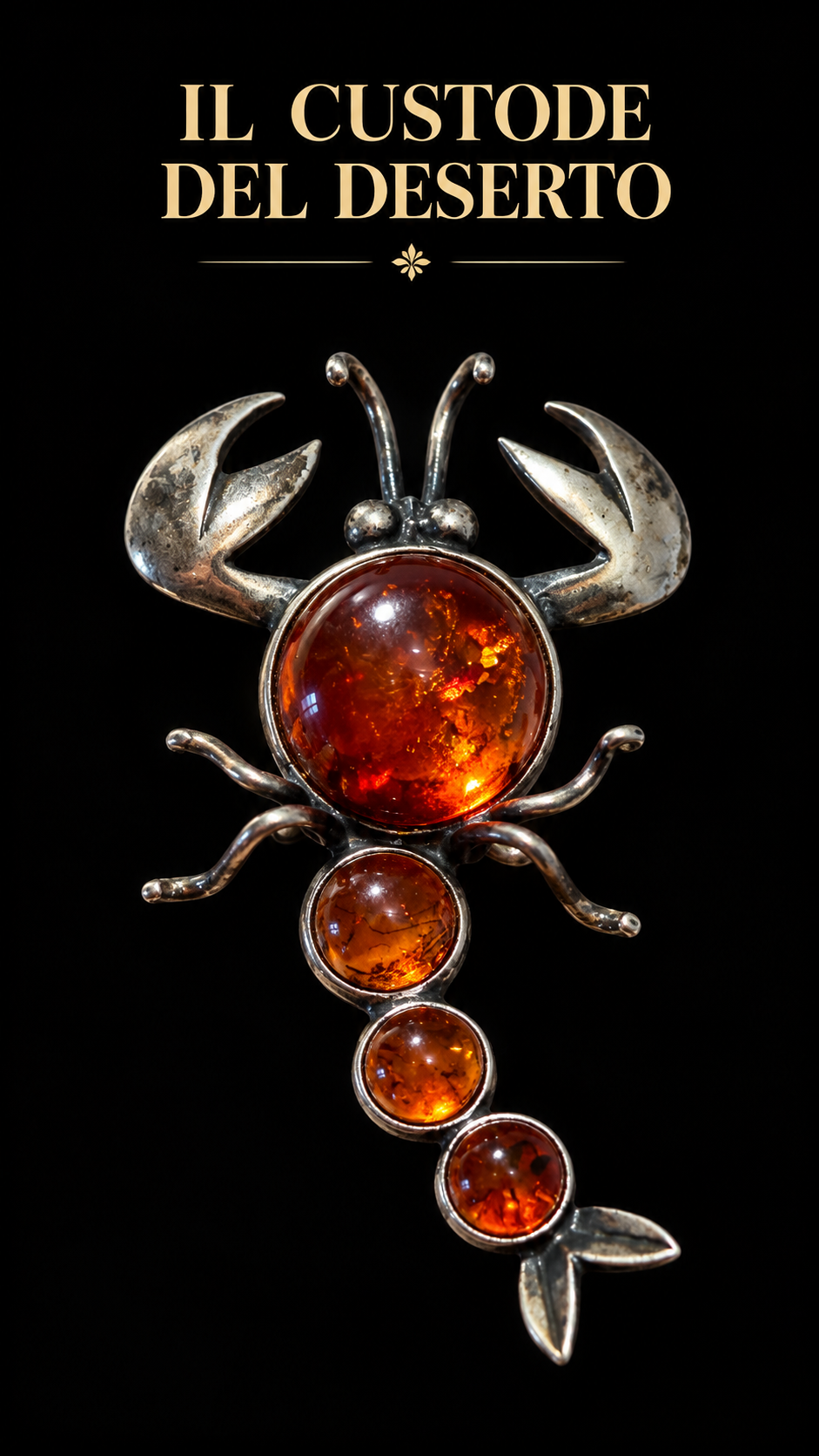 Spilla gioiello argento ed ambra scorpione custode del deserto