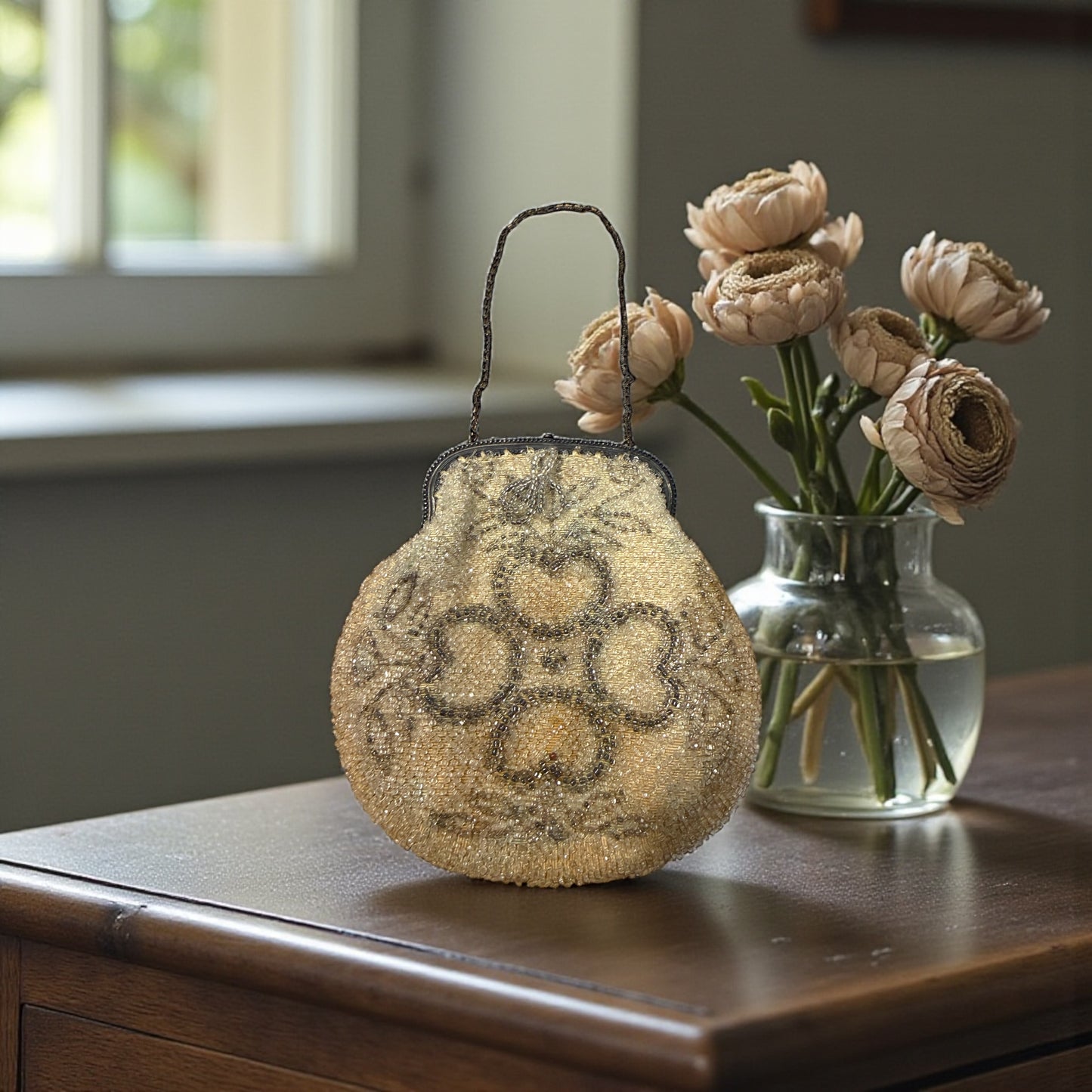 Borsetta da sera da polso in perline di vetro e seta, anni ‘20