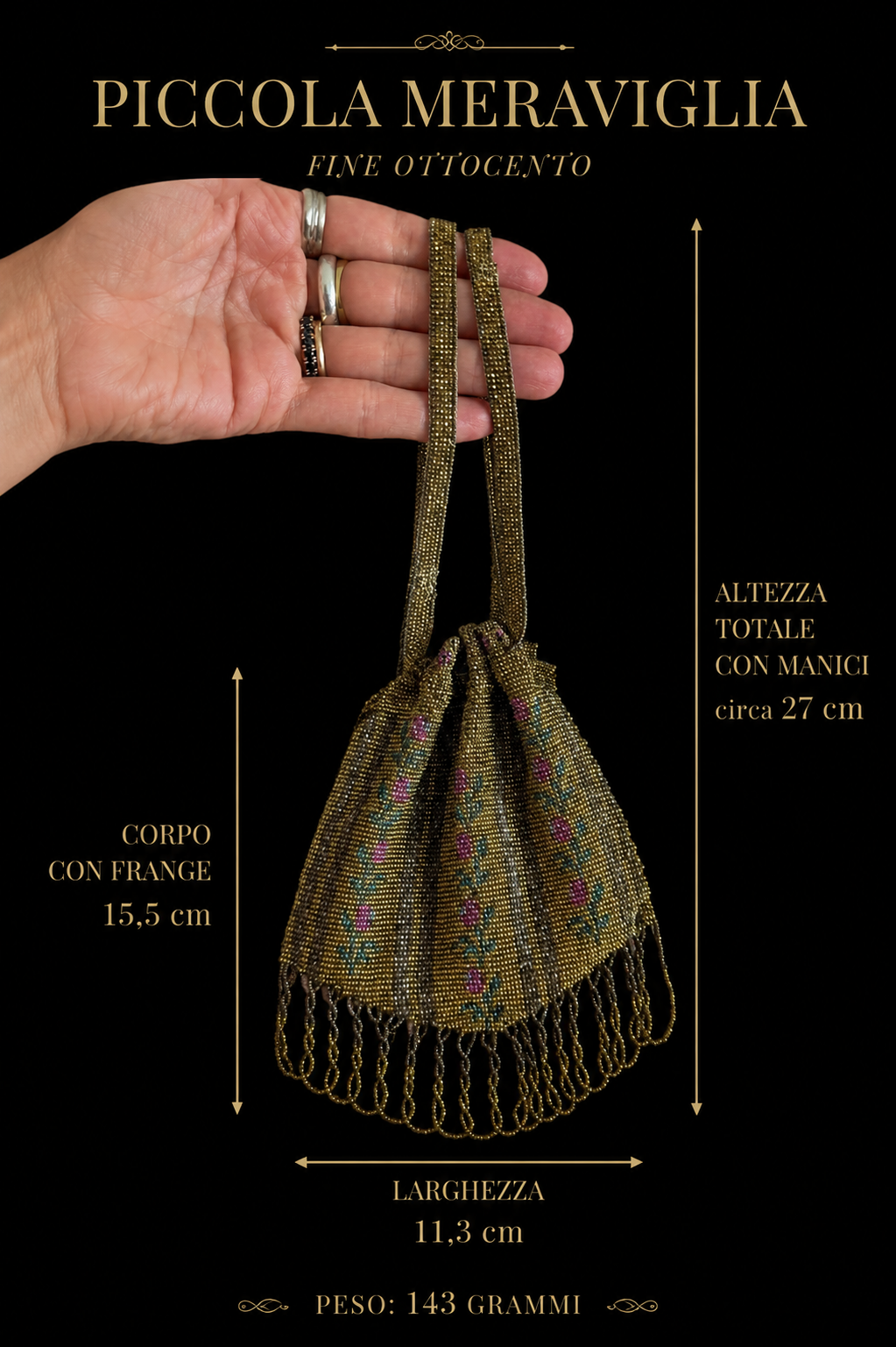 Antica borsa fine Ottocento in perline aumonière floreale con interno seta
