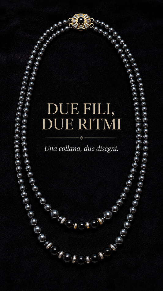 Splendido collier a due fili in perle lucidate di ematite con chiusura gioiello, anni ‘50-‘60