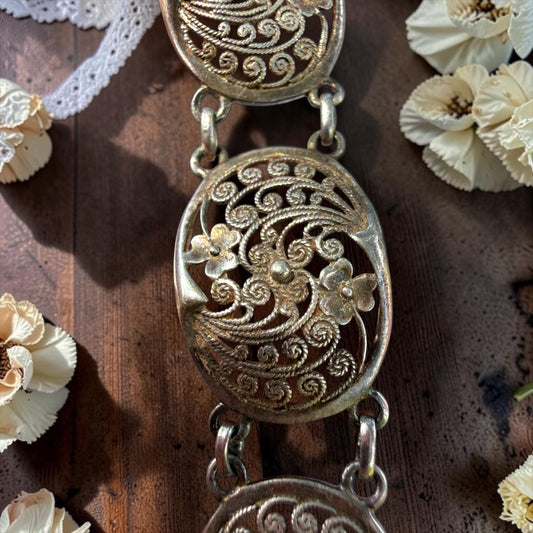 Bracciale in filigrana d’argento 835 anni ‘40-‘50 a delicato motivo floreale