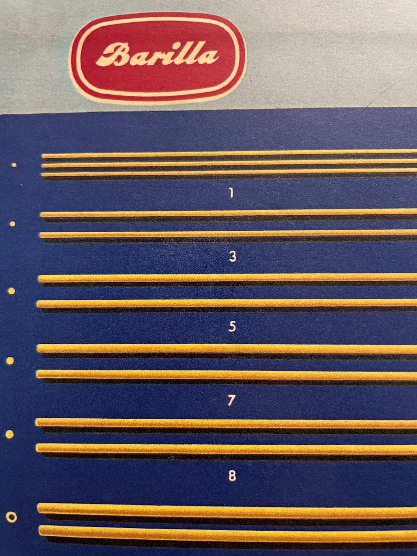 Insegna réclame cartonato Barilla vintage con 97 formati di pasta