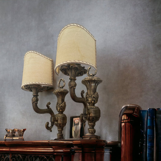 Pair of brass and fabric lamps