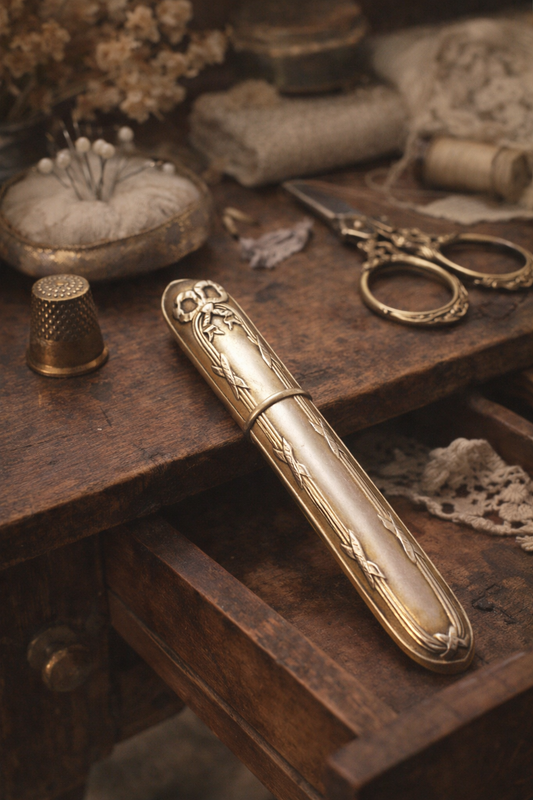 Needle case porta aghi in argento con motivi a nodo e a stelo, Art Nouveau puro