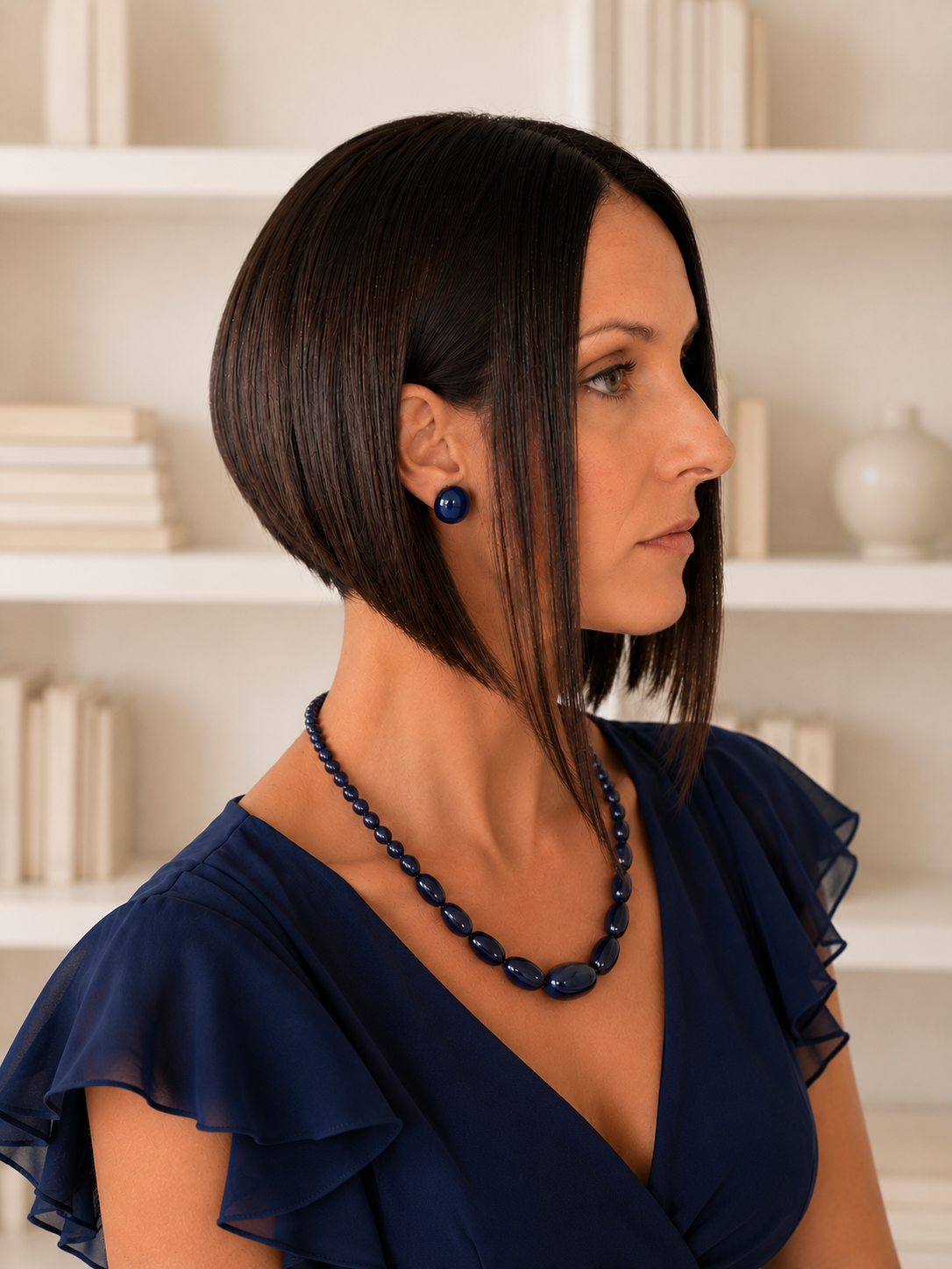 Splendida parure di fine anni ‘40 primi ‘50 in vetro pressato blu notte, collana in perle degradé ovalizzate e orecchini clip
