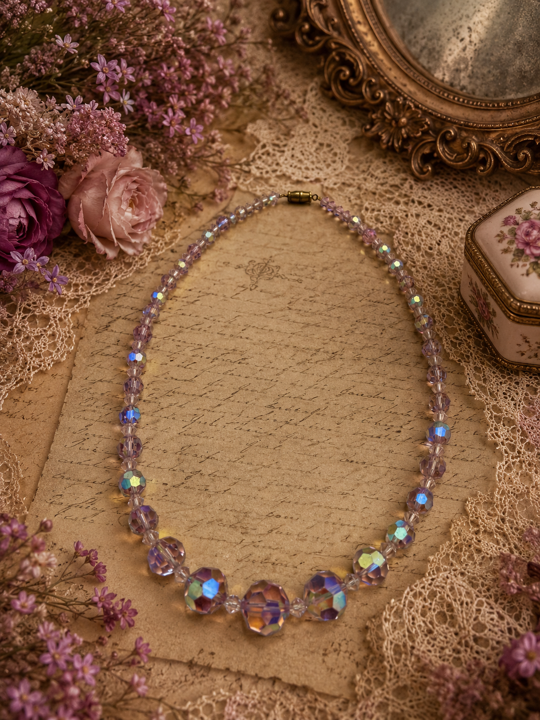 Collana perle in vetro sfaccettato rosa-lilla chiaro degradé con chiusura a barilotto, anni 50-60