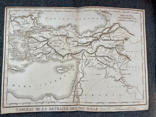 Antica mappa incisione rame Delamarche 1830, ritirata dei 10.000 (Anabasi Senofonte)