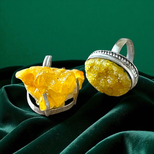 Set pendente ed anello placcati argento con drusa gialla