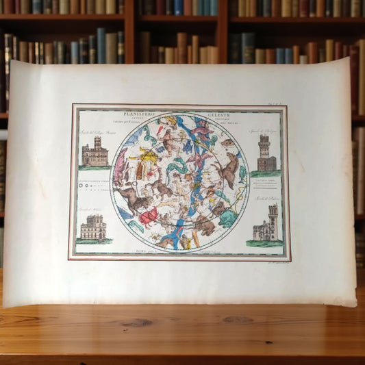 Planisfero celeste Giovanni Maria Cassini, emisfero boreale, tiratura ottocentesca acquerellata a mano