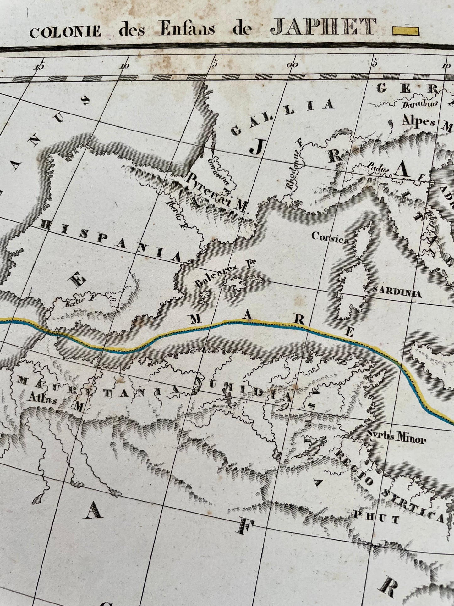 Rara mappa antica del 1829, cartina rappr. Dispersione figli di Noè dopo il Diluvio