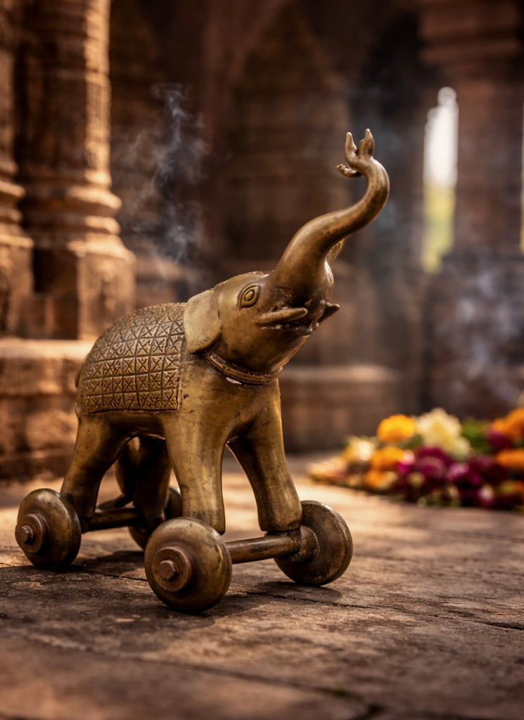 Temple toy in ottone pieno a guisa di elefante su ruote con la proboscide alzata
