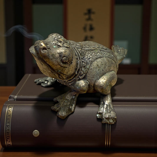 Scultura in lega piena a guisa di ranocchio, 85g, prov. oriente, vintage