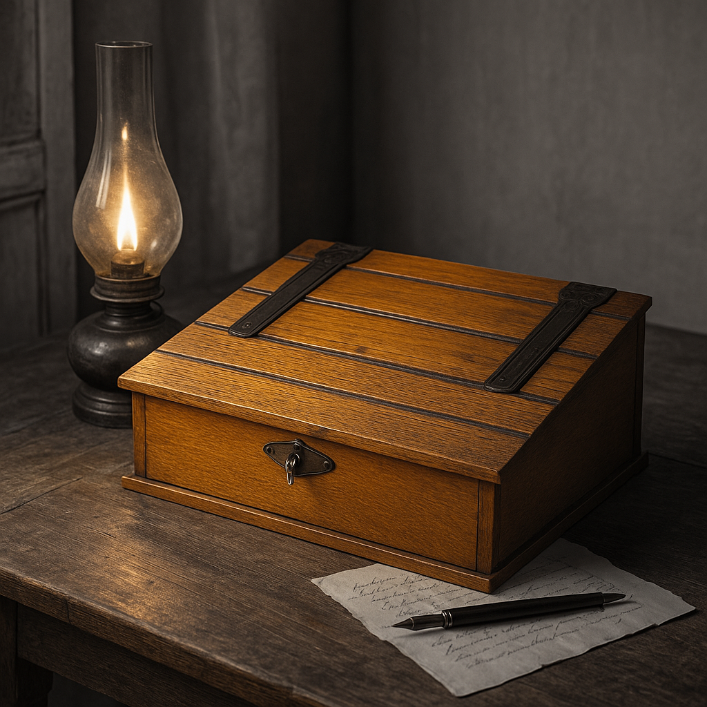 Antica scatola da scrittura, Belgio anni ‘30, con chiave funzionante e scomparto ribaltabile