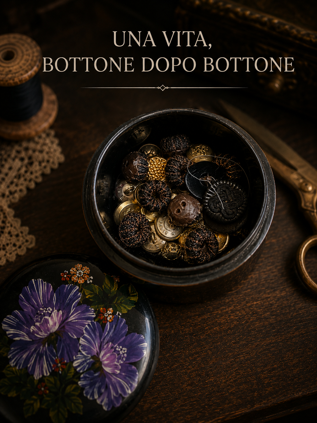 Scrigno scatola dei bottoni in legno laccato dipinto, con collezione da fine ‘800 a primi ‘900