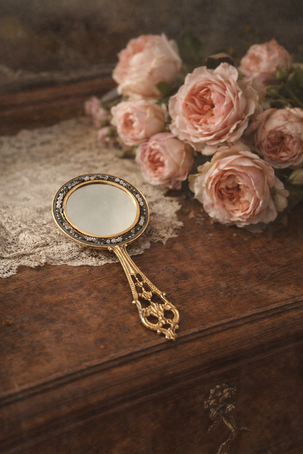 Specchietto a mano da borsetta vintage con micromosaico, Italy anni 50-60