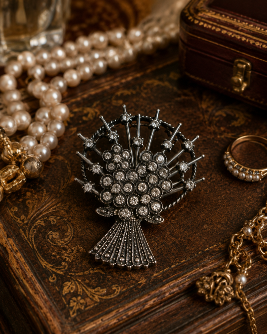 Spilla mid century con bouquet di strass, placcata argento, anni ‘50