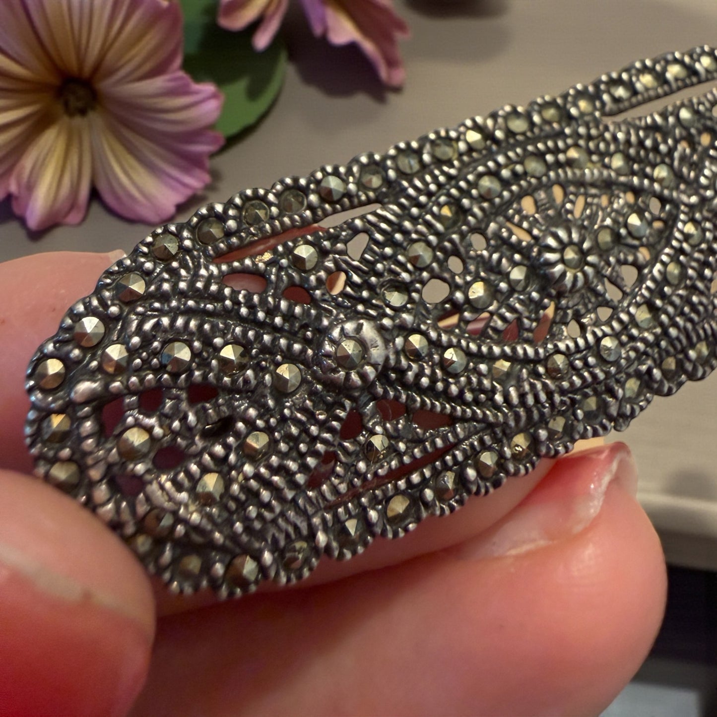 Spilla in argento 925 tempestata di marcasiti, anni ‘50 ca