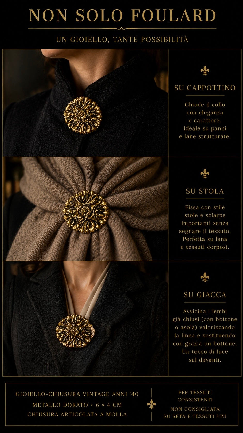 Clip chiusura gioiello dorata anni ‘40 con foglie d’acanto