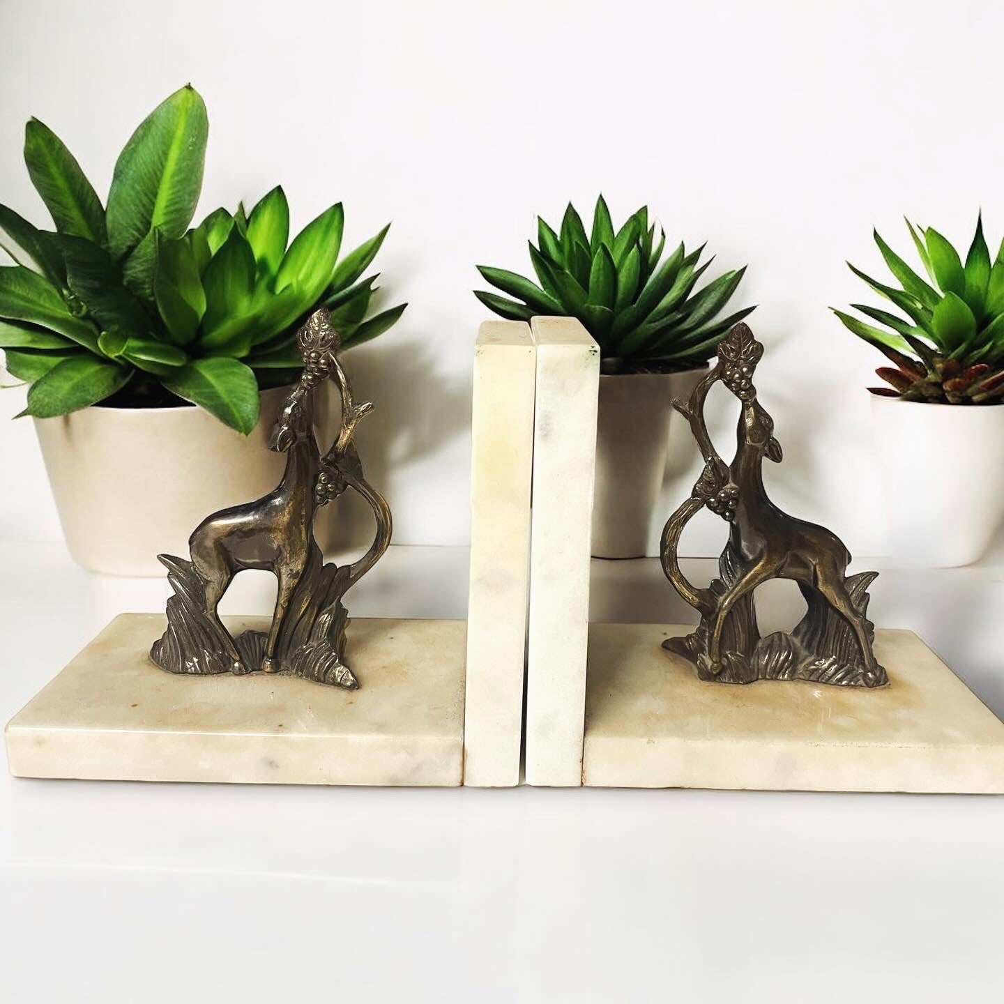 Pair of marble bookends roe deer with grapes