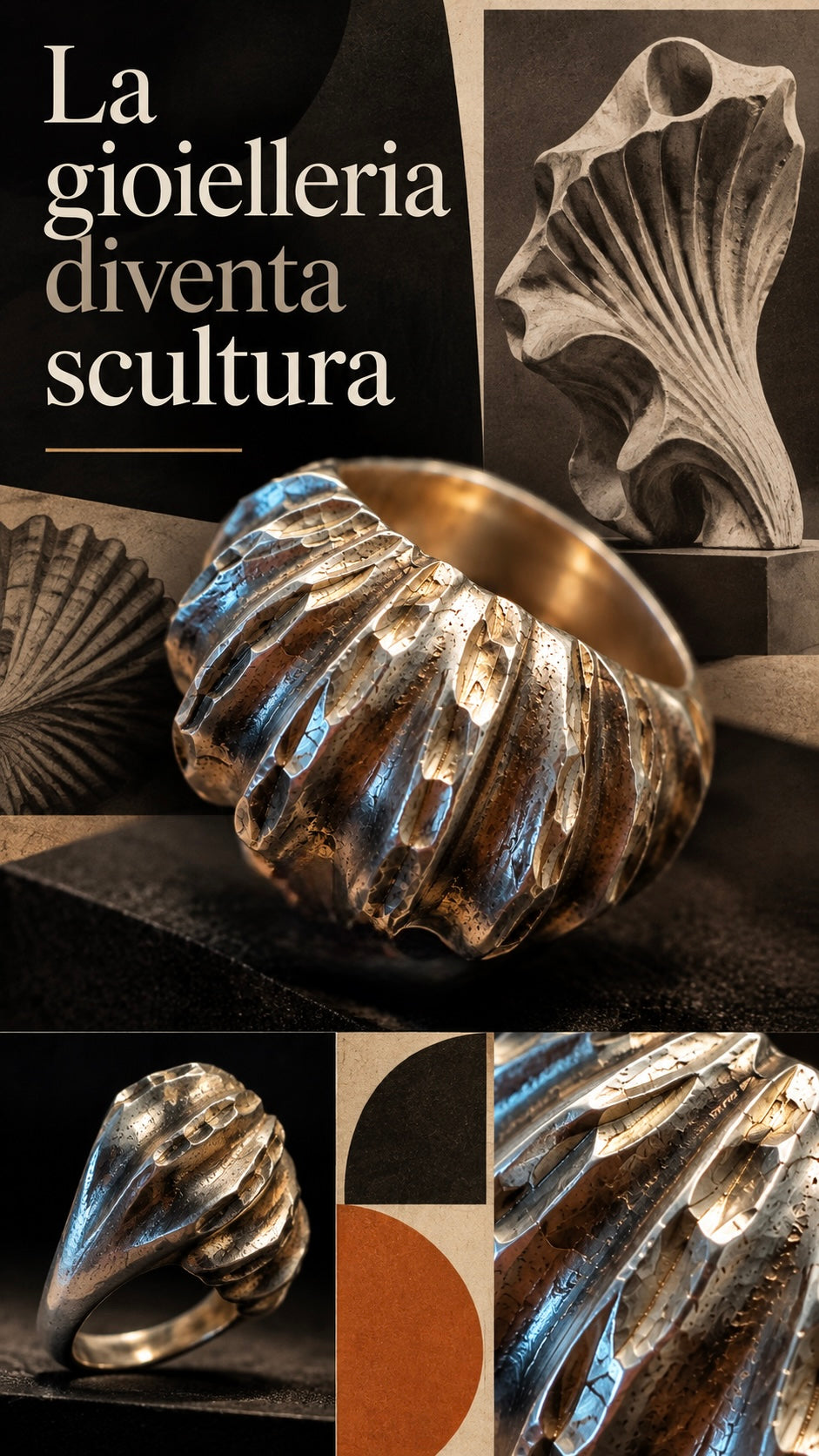 Anello in argento modernista a guisa di conchiglia