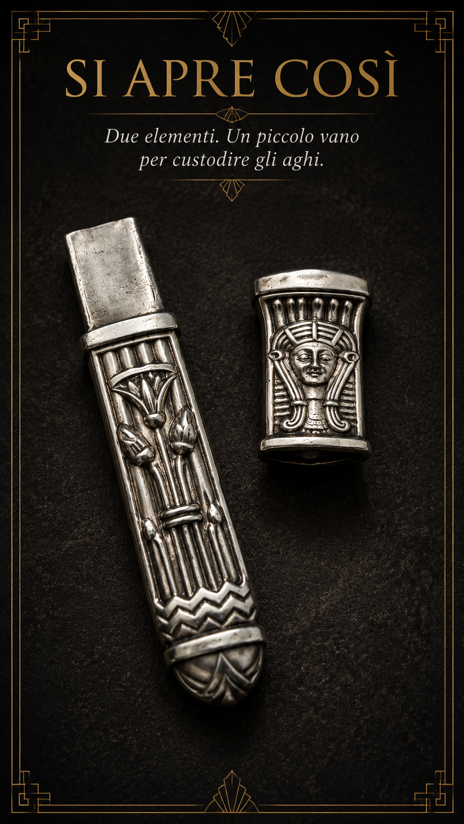 Needle case antici porta aghi argento Egittizzante déco fine anni ‘20