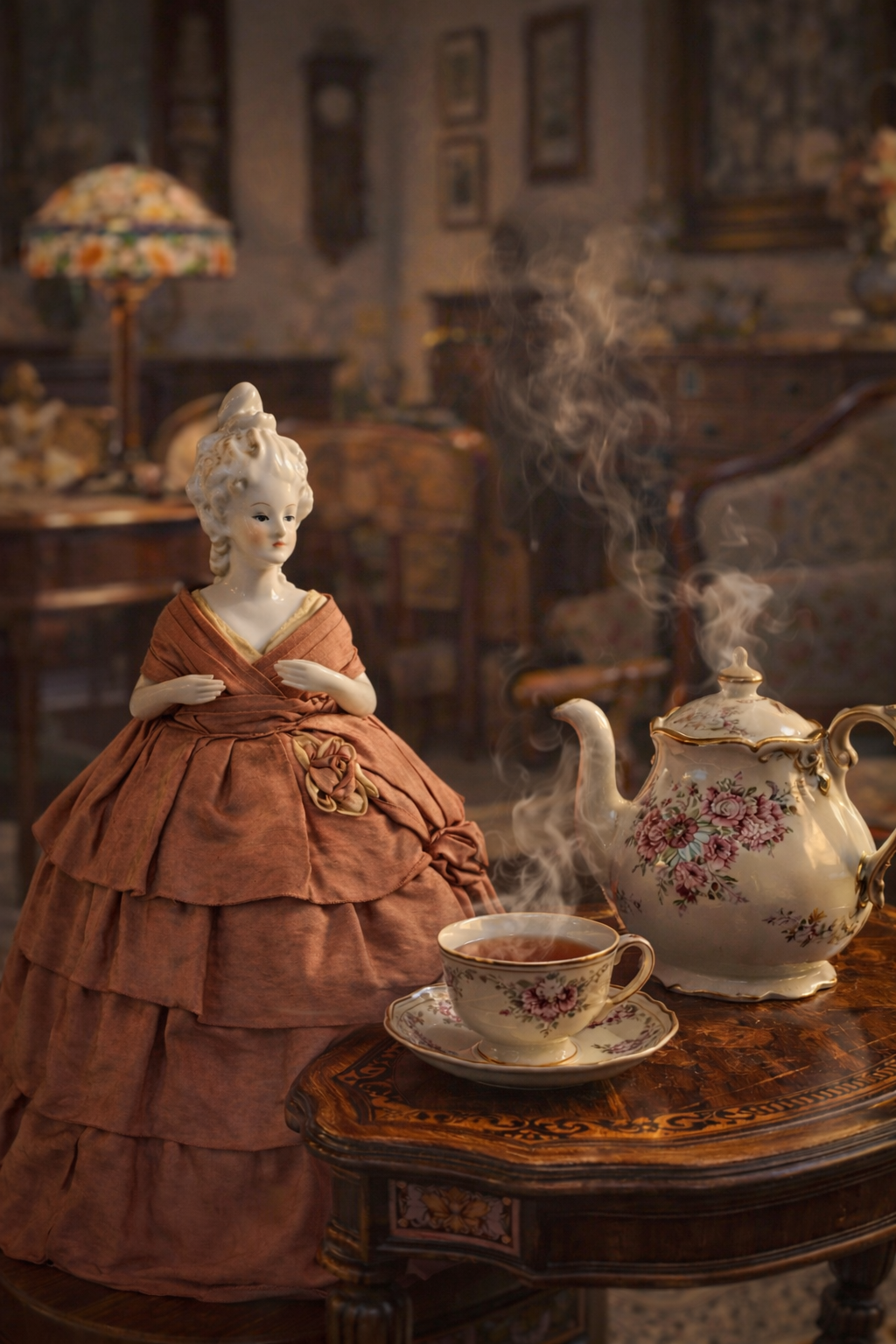 Tea cosy Half doll, bambola copri teiera antica in porcellana e raso