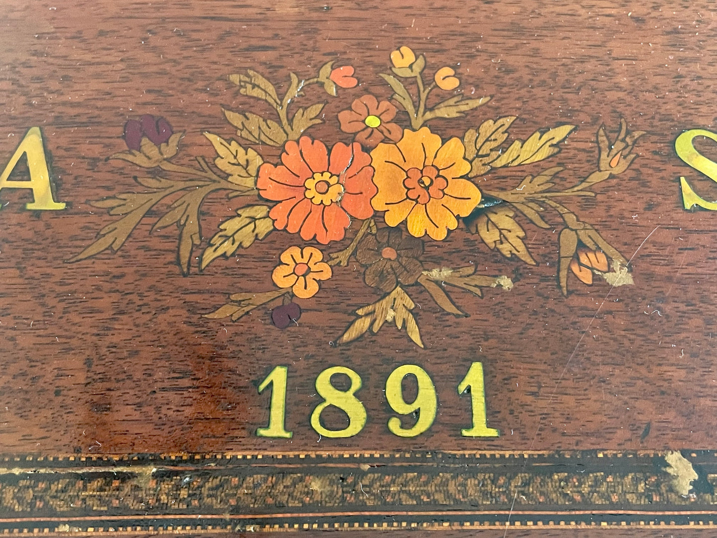 Antica scatola da cucito con iniziali A S ed anno 1891, intarsiata da ebanista, dono nuziale