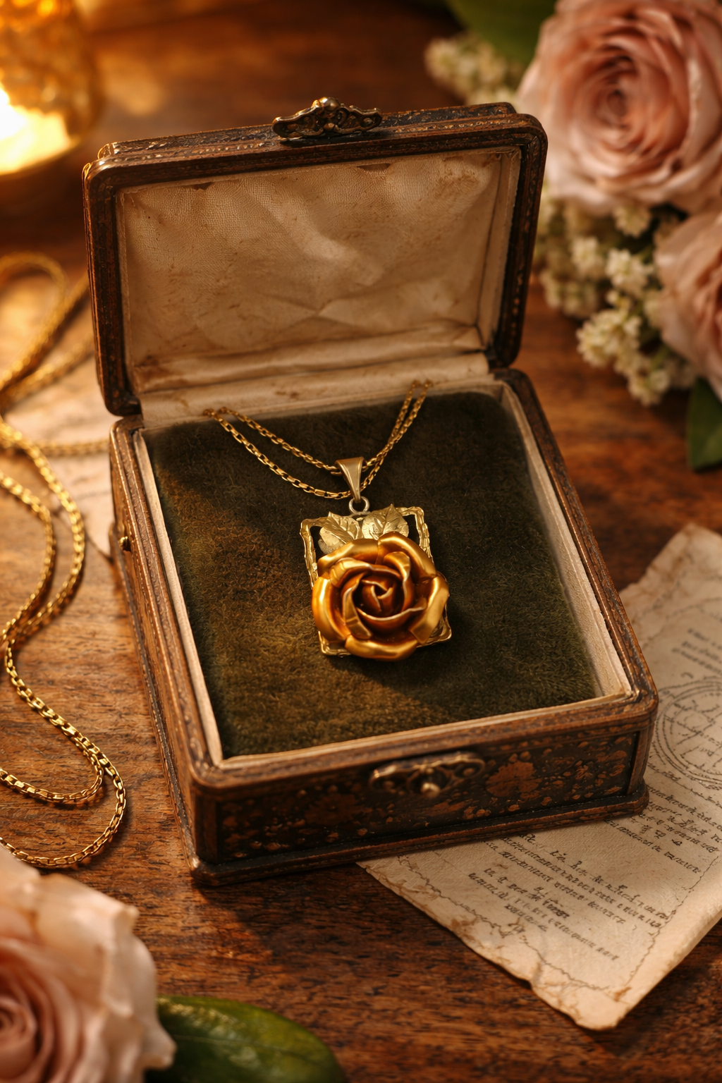 Catena veneziana placcata oro con pendente 60s rosa che sboccia, vintage boho