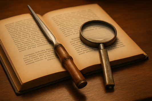 Set da studio anni 30-40, lente d’ingrandimento pieghevole e tagliacarte