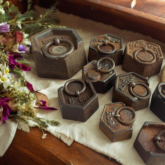 Set of 10 antique hexagonal workshop weights