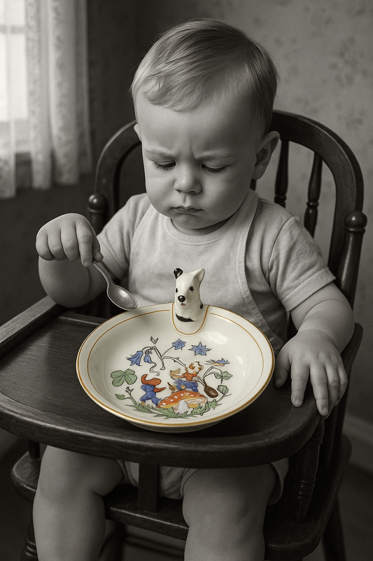 Antico piatto da pappa Limoges bordi oro e tappo a cagnolino, anni ‘50