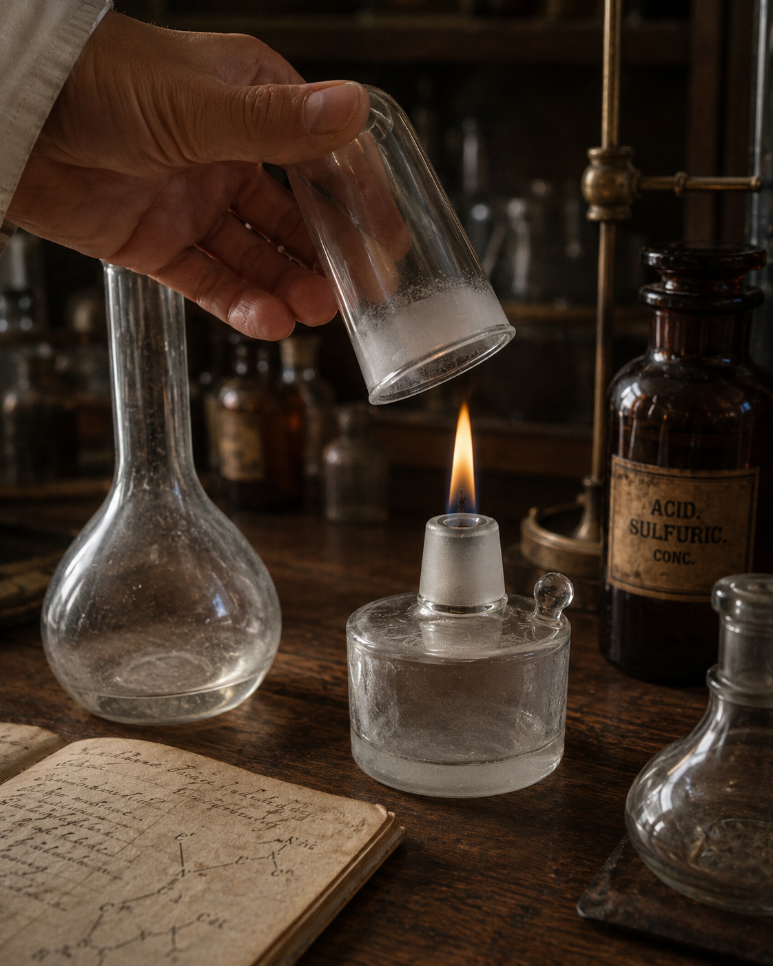 Set da laboratorio in vetro prima metà ‘900, matraccio spiritiera e flacone da reagenti
