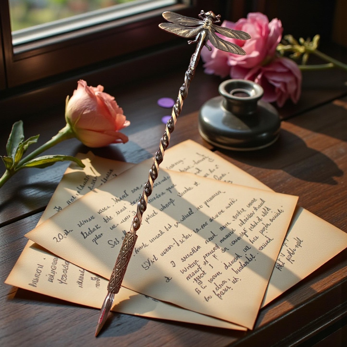 Porta pennino, stilo con pennino compreso periodo Liberty con decorazione libellula e fleur-de-lys