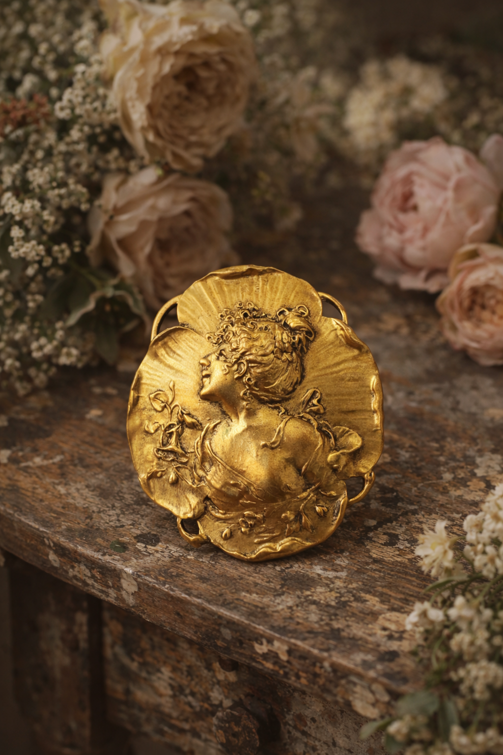 Spilla Art Nouveau dorata con archetipo di donna primissimo ‘900