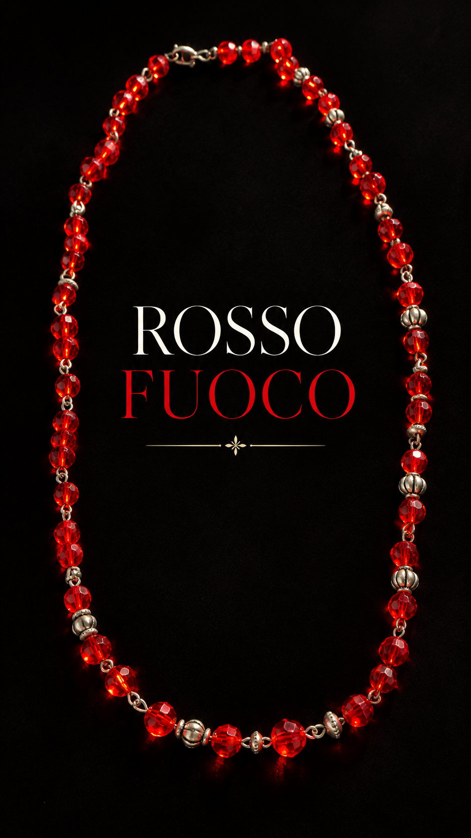Collana vintage in perline di vetro sfaccettato rosso vivo con elementi argentati