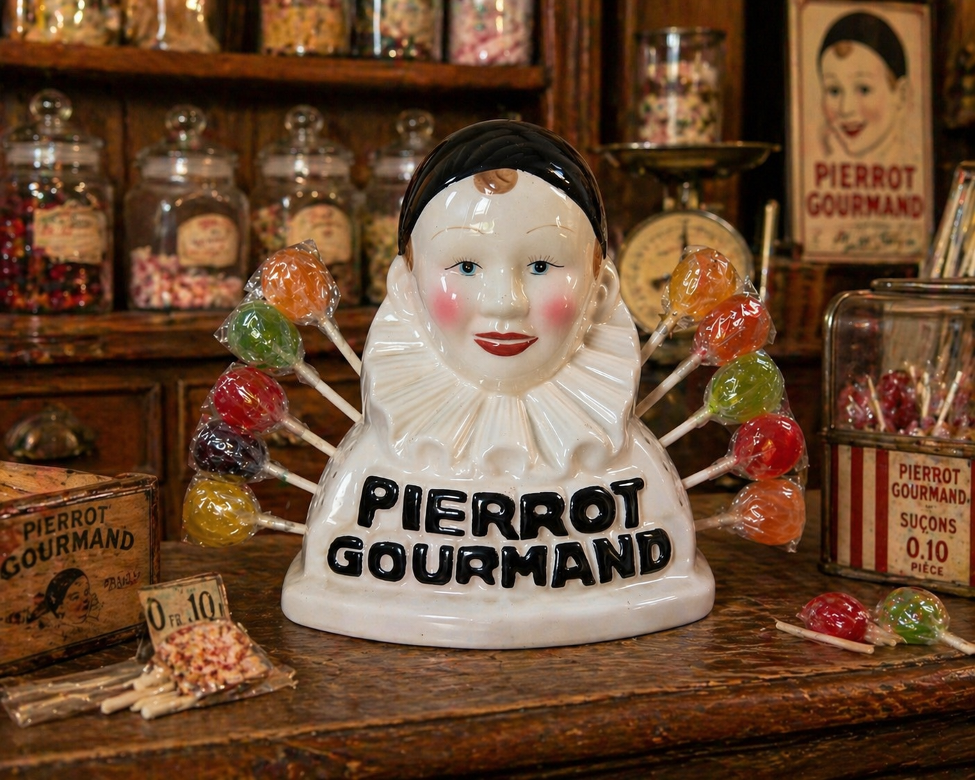 Espositore per lecca-lecca vintage Pierrot Gourmand ceramica