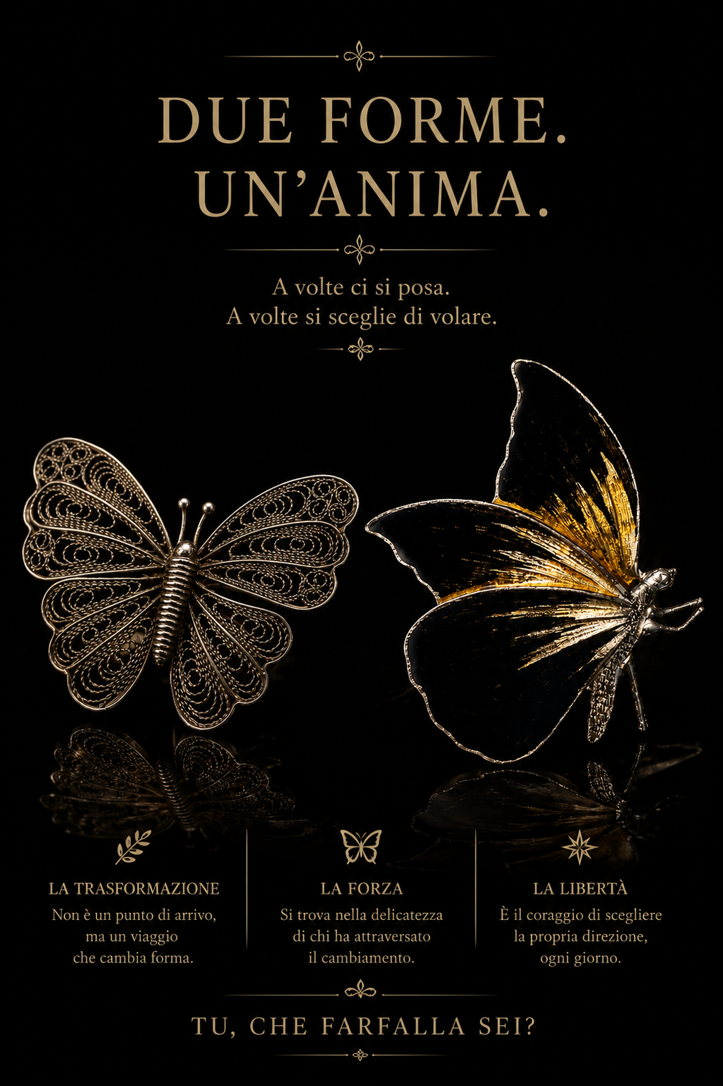 Spilla a guisa di farfalla in filigrana d’argento basso titolo con chiusura firmata, metà ‘900