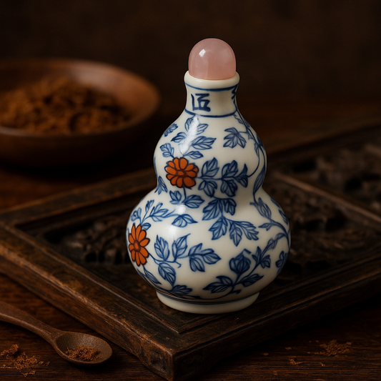 Snuff Bottle in ceramica smaltata a decori rossi e blu, tappo in quarzo rosa