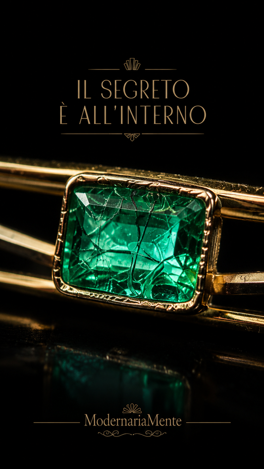 Spilla antica art déco a barretta placcata oro con cristallo verde