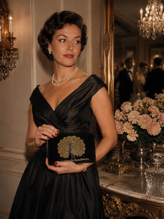 Pochette in velluto e raso nero con pavone policromo in canutiglia, 50s-60s