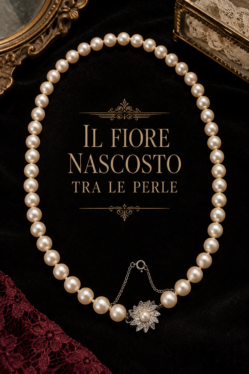 Collana vintage perle di vetro con chiusura gioiello e fiore, cristalli e catenella di sicurezza