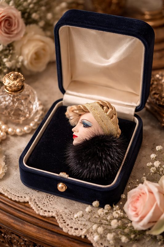 Spilla vintage lady head bionda con pelliccia